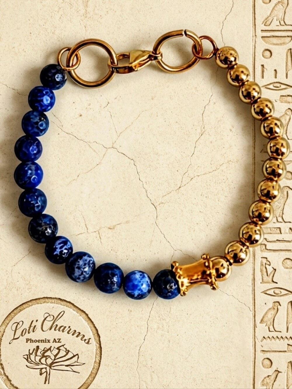 Natural Dark Blue Lapis Lazuli  & Gold Balls In Half And Half Beaded Bra…